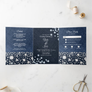 Blue Denim & Diamonds Glam Trifold Wedding Program
