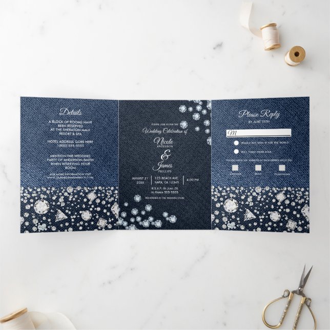 Blue Denim & Diamonds Glam Trifold Wedding Program (Inside)