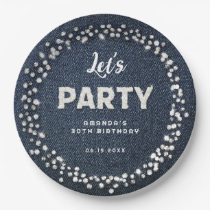 Blue Denim Diamonds Glitter Rhinestone Let's Party Paper Plate