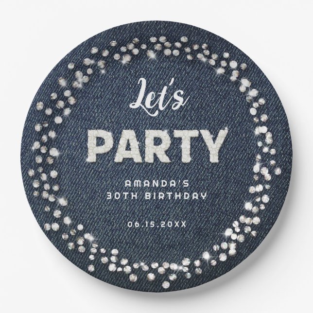 Blue Denim Diamonds Glitter Rhinestone Let's Party Paper Plate (Front)