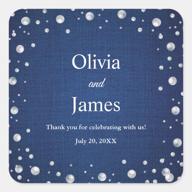 Blue Denim Diamonds Pearls Couple's Wedding Shower Square Sticker (Front)