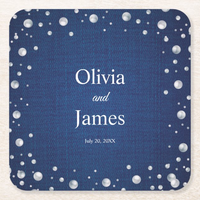 Blue Denim Diamonds Pearls Wedding Couple's Shower Square Paper Coaster (Front)
