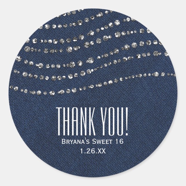 Blue Denim & Diamonds Sparkle Bling Party Favour Classic Round Sticker (Front)