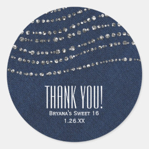 Blue Denim & Diamonds Sparkle Bling Party Favour Classic Round Sticker