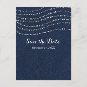 Blue Denim & Diamonds Sparkle Bling Save The Date Announcement Postcard