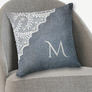 Blue Denim Faux White Lace Corner Monogram Cushion