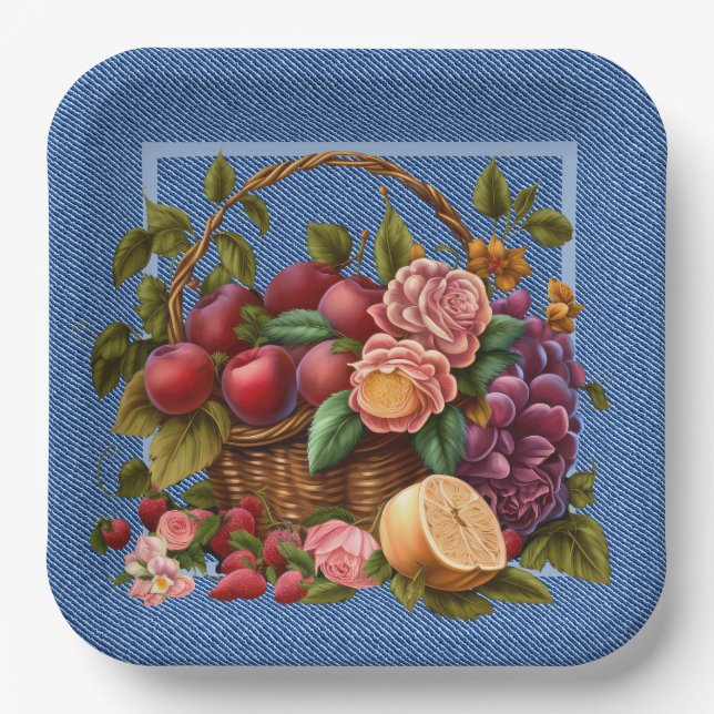 Blue Denim Fruit And Flowers Paper Plate (Front)