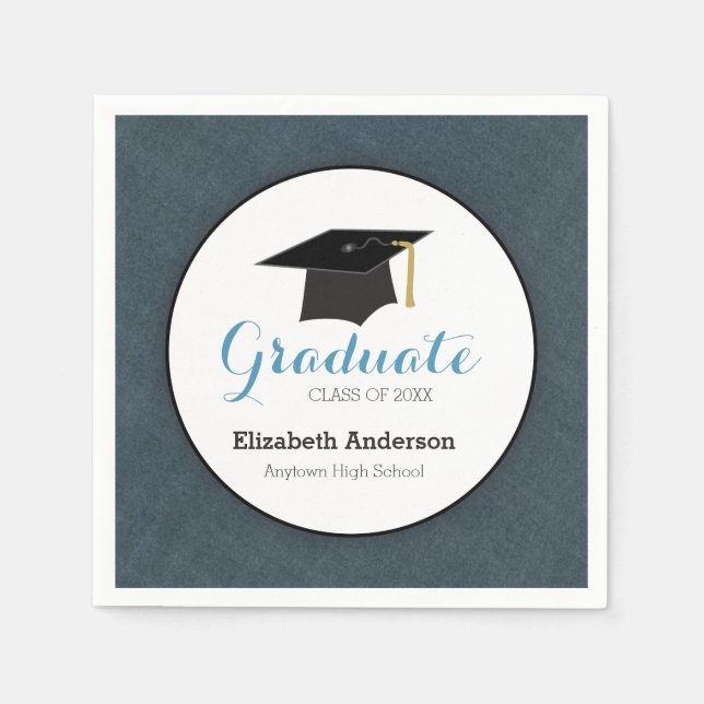 Blue Denim & Grad Hat, Personalised Graduation Napkin (Front)