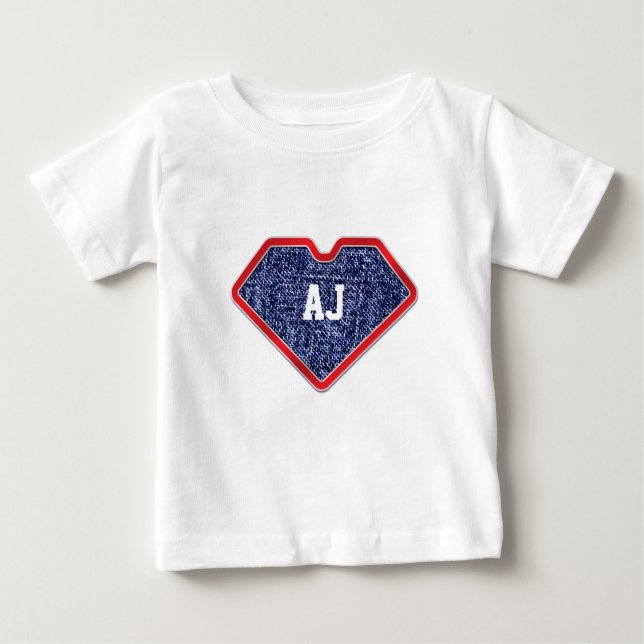 Blue Denim Heart Monogram Super Hero Emblem Baby T-Shirt (Front)