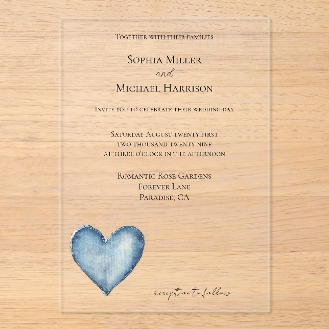 Blue Denim Jean Heart Wedding Acrylic Invitations (Front)
