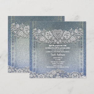 Blue Denim Jean & White Heart Lace Bridal Shower Invitation