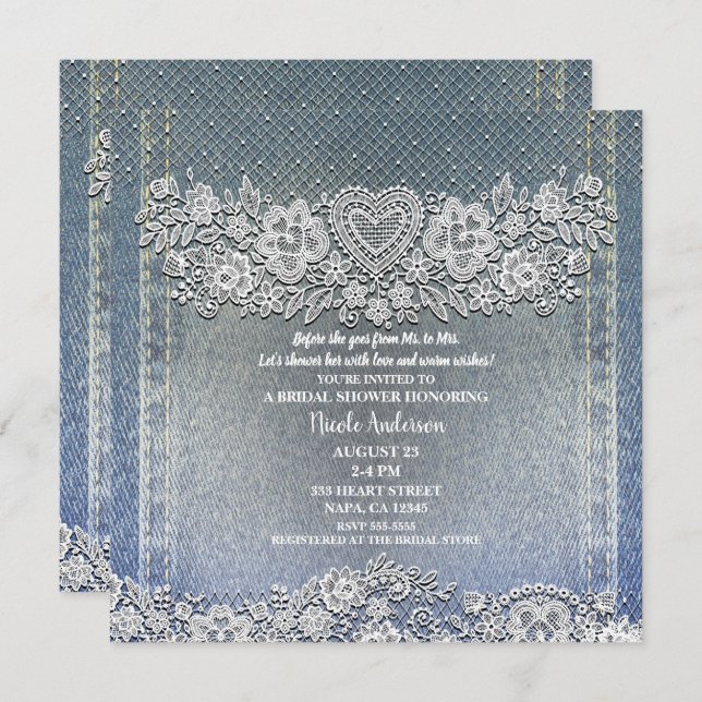 Blue Denim Jean & White Heart Lace Bridal Shower Invitation (Front/Back)
