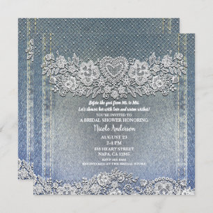 Blue Denim Jean & White Heart Lace Bridal Shower Invitation