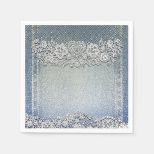 Blue Denim Jean & White Heart Lace Bridal Shower Napkin