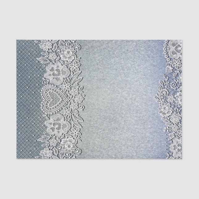 Blue Denim Jean & White Heart Lace Bridal Shower Tissue Paper (Front)
