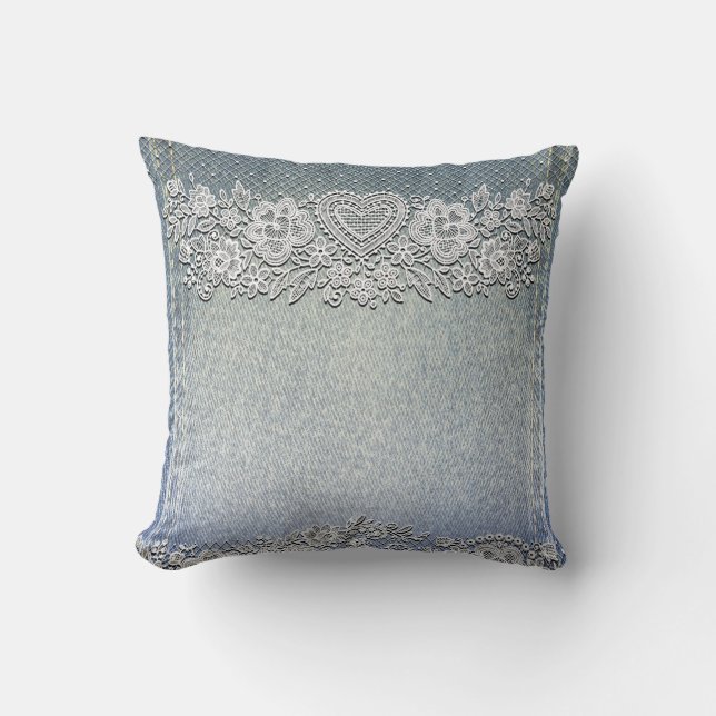 Blue Denim Jean & White Heart Lace Cushion (Front)
