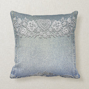 Blue Denim Jean & White Heart Lace Cushion