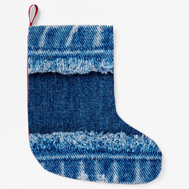 Blue denim jeans fabric texture small christmas stocking (Front)