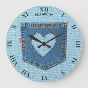 Blue Denim Jeans Pocket In Heart Shape Cool Design Large Clock