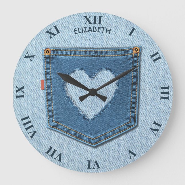 Blue Denim Jeans Pocket In Heart Shape Cool Design Large Clock (Front)