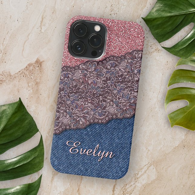 Blue Denim Jeans Rose Gold Pink Glitter Pattern iPhone Case (Creator Uploaded)