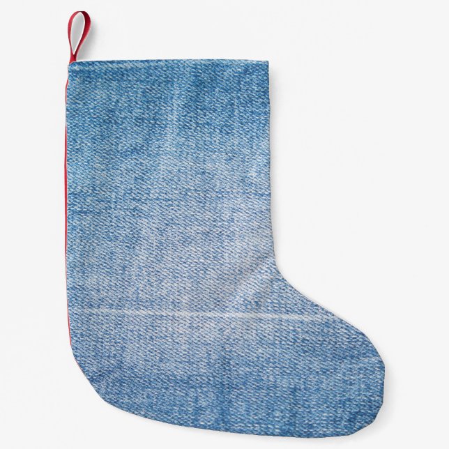 Blue denim jeans texture small christmas stocking (Front)