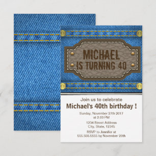 Blue denim jeans with leather label birthday party invitation