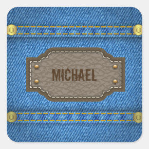 Blue denim jeans with leather name label