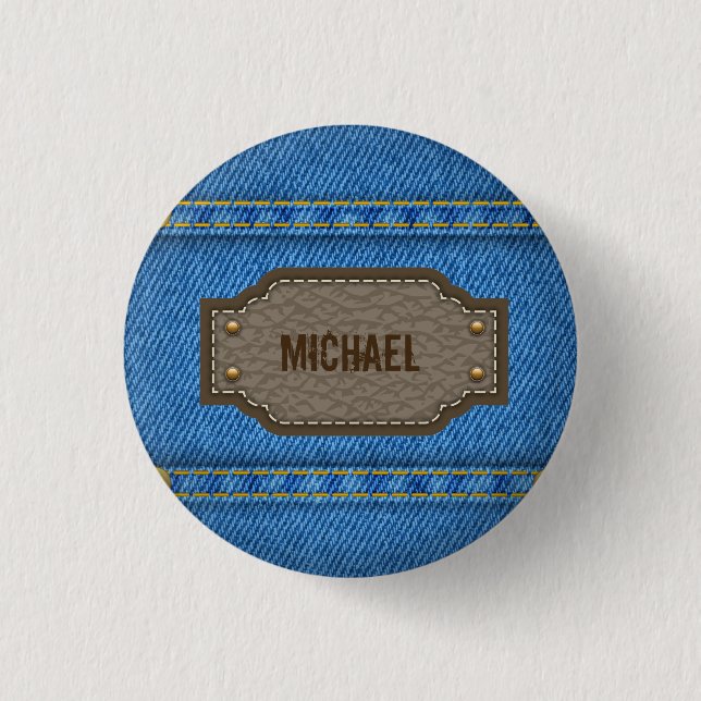 Blue denim jeans with leather name label 3 cm round badge (Front)