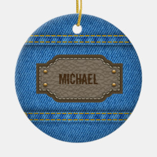 Blue denim jeans with leather name label ceramic tree decoration
