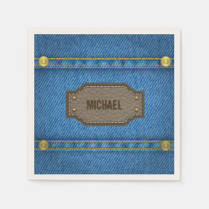 Blue denim jeans with leather name label napkin