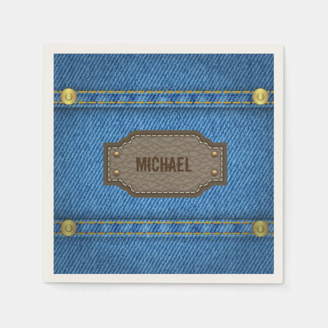 Blue denim jeans with leather name label napkin (Front)