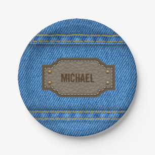 Blue denim jeans with leather name label paper plate