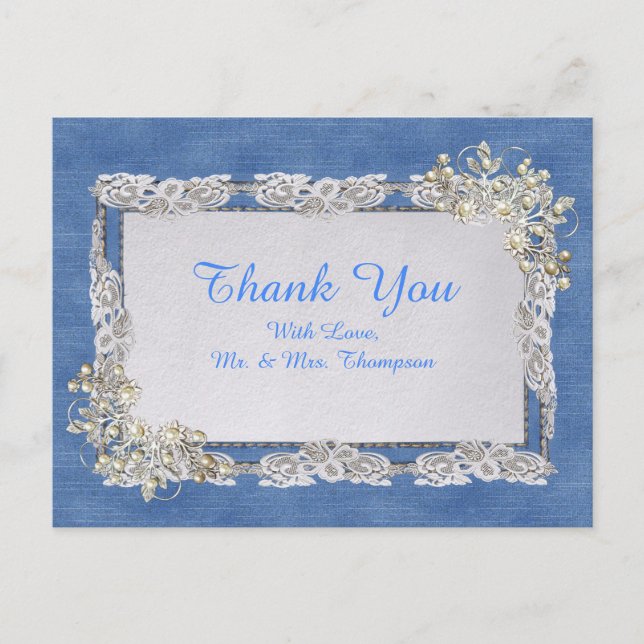 Blue Denim, lace and Ivory Pearls Announcement Postcard (Front)