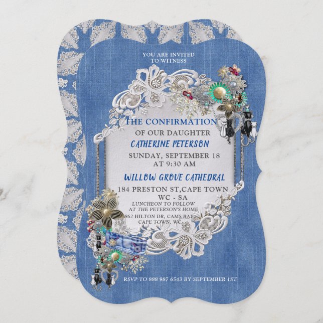 Blue Denim, lace - Costume Jewellery Invitation (Front/Back)