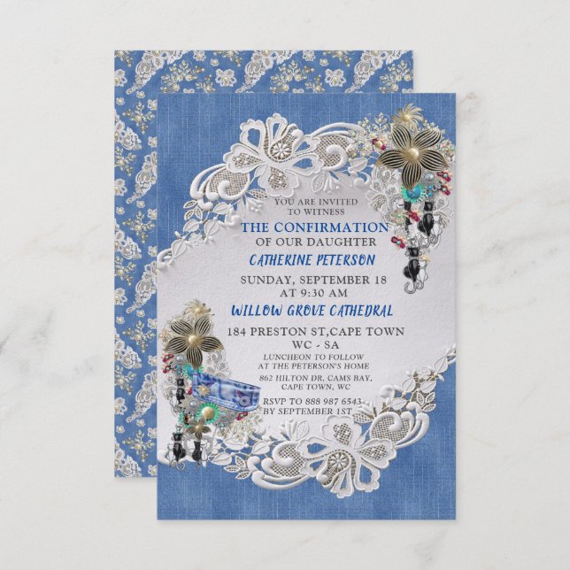 Blue Denim, lace - Costume Jewellery Invitation (Front/Back)