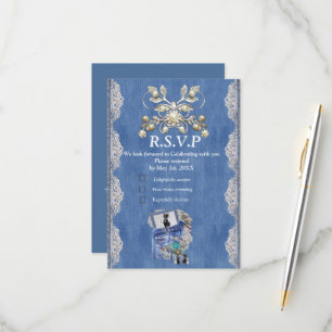 Blue Denim, lace, Costume Jewellery & Kittens RSVP Card