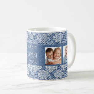 Blue denim lace photo mother coffee mug