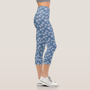 Blue Denim Palm Fronds Slimming Capri Leggings