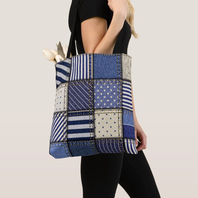 Blue Denim Patchwork Tote Bag (Close Up)