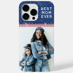 Blue Denim Pink Rhinestone Best Mum Ever Photo Case-Mate iPhone 14 Pro Max Case