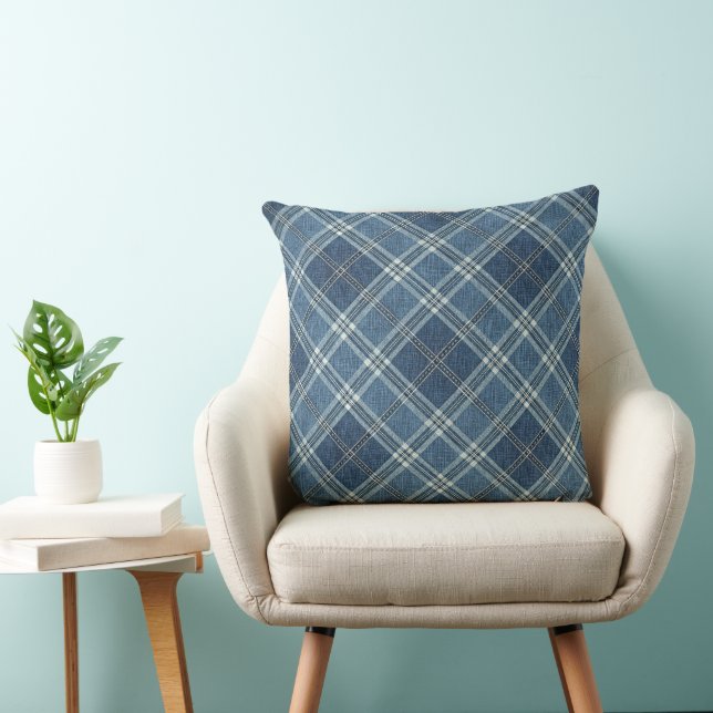 Blue Denim Plaid and Striped Pattern Cushion (Chair)