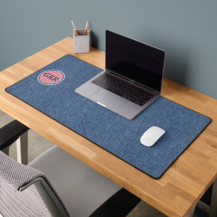 Blue Denim Print Monogram Red & White Check Desk Mat