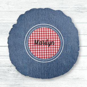 Blue Denim Print, Red & White Plaid Accent Round Cushion