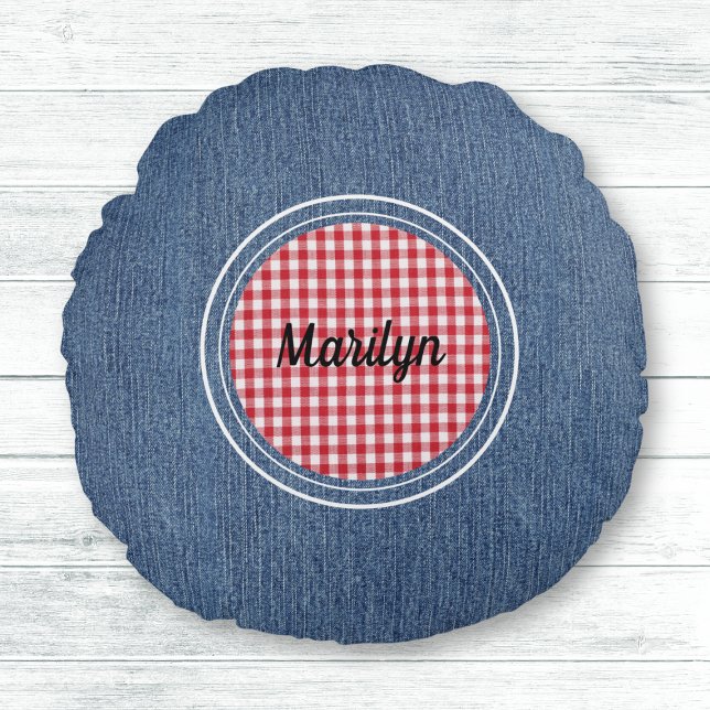 Blue Denim Print, Red & White Plaid Accent Round Cushion (Creator Uploaded)