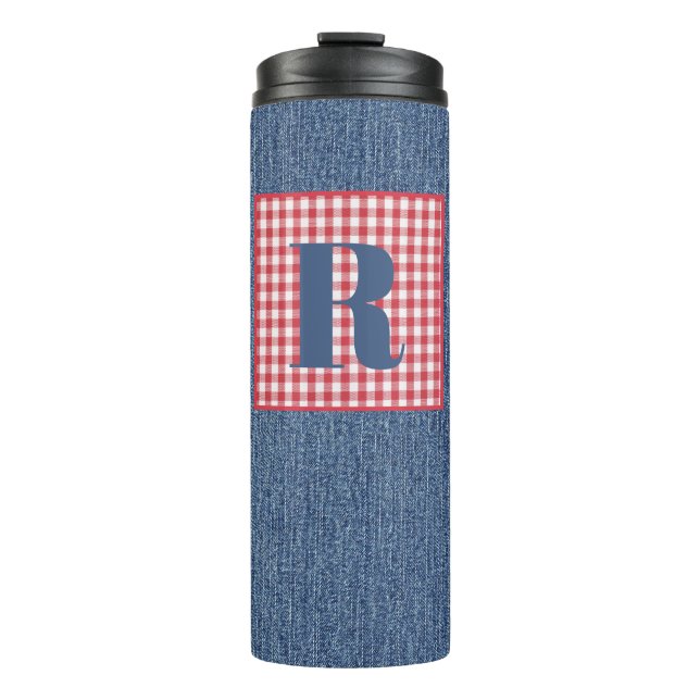 Blue Denim, Red & White Check, Large Initial 12oz Thermal Tumbler (Front)