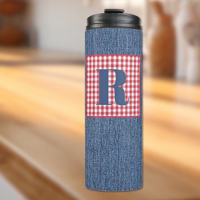 Blue Denim, Red & White Check, Large Initial 12oz Thermal Tumbler (Creator Uploaded)