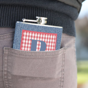Blue Denim, Red & White Check, Large Initial 6oz Hip Flask