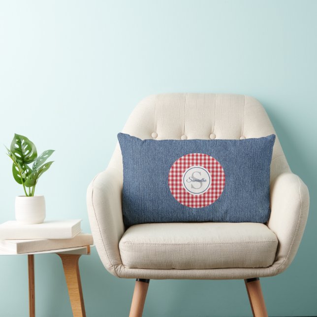 Blue Denim, Red & White Plaid Accent Lumbar Cushion (Chair)