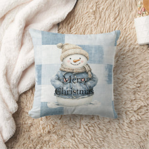 Blue Denim Snowman Christmas Cushion